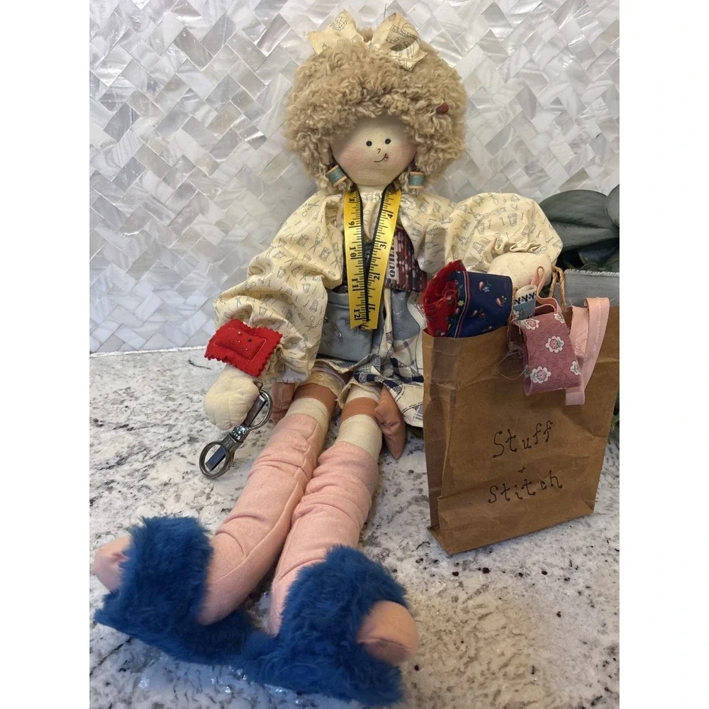 Vintage Homemade? Quilting Lady Doll Sewing Thread Fabric Thread Shopping Button